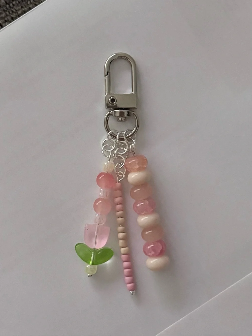Handmade Pink Beaded Bag Charm Keychain with Flower